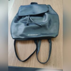 Victoria's Secret Backpack Purse Black Faux Leather Drawstring 14"